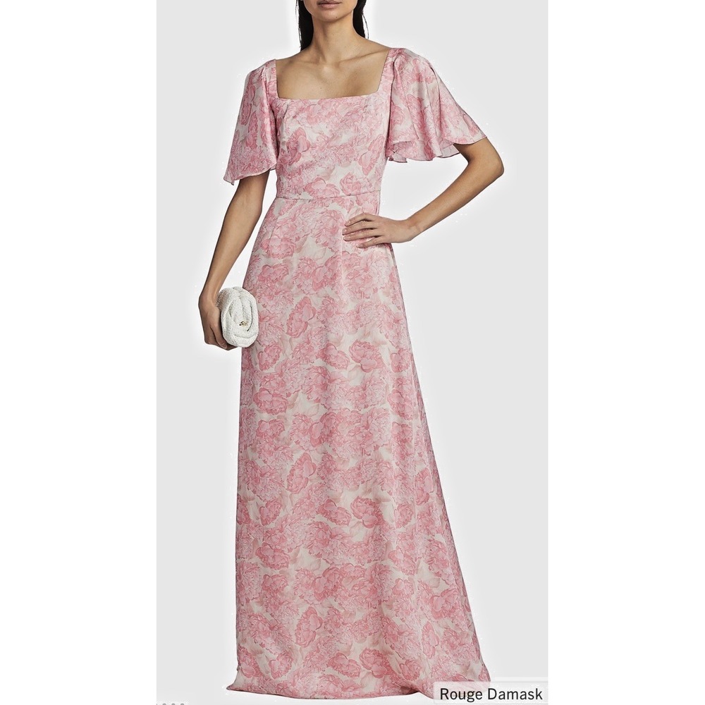 SACHIN & BABI Women Size 4 Aurora Gown Rouge Damask Rose Flutter Sleeve Maxi